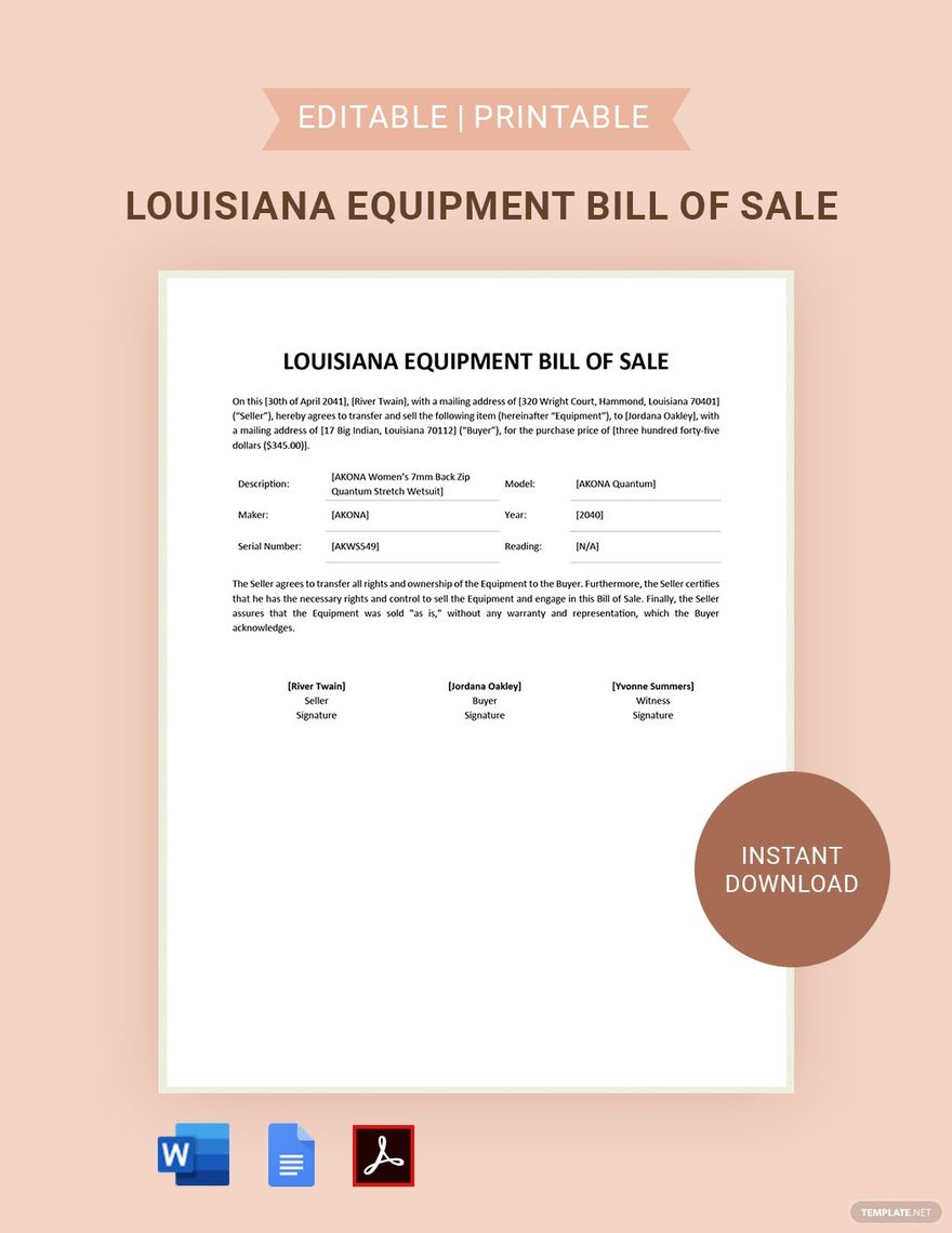 Louisiana Equipment Bill of Sale Template