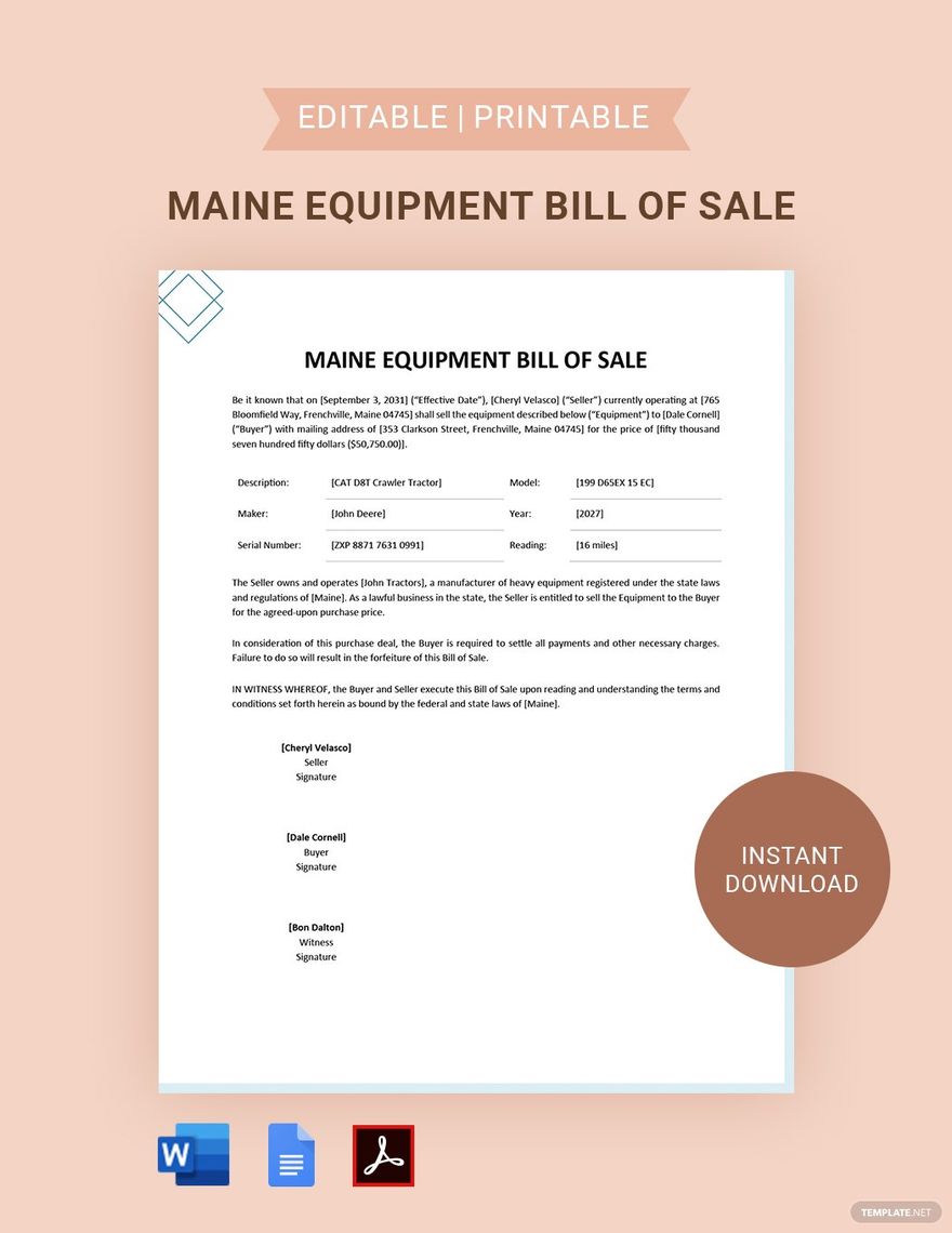 Maine Equipment Bill of Sale Template