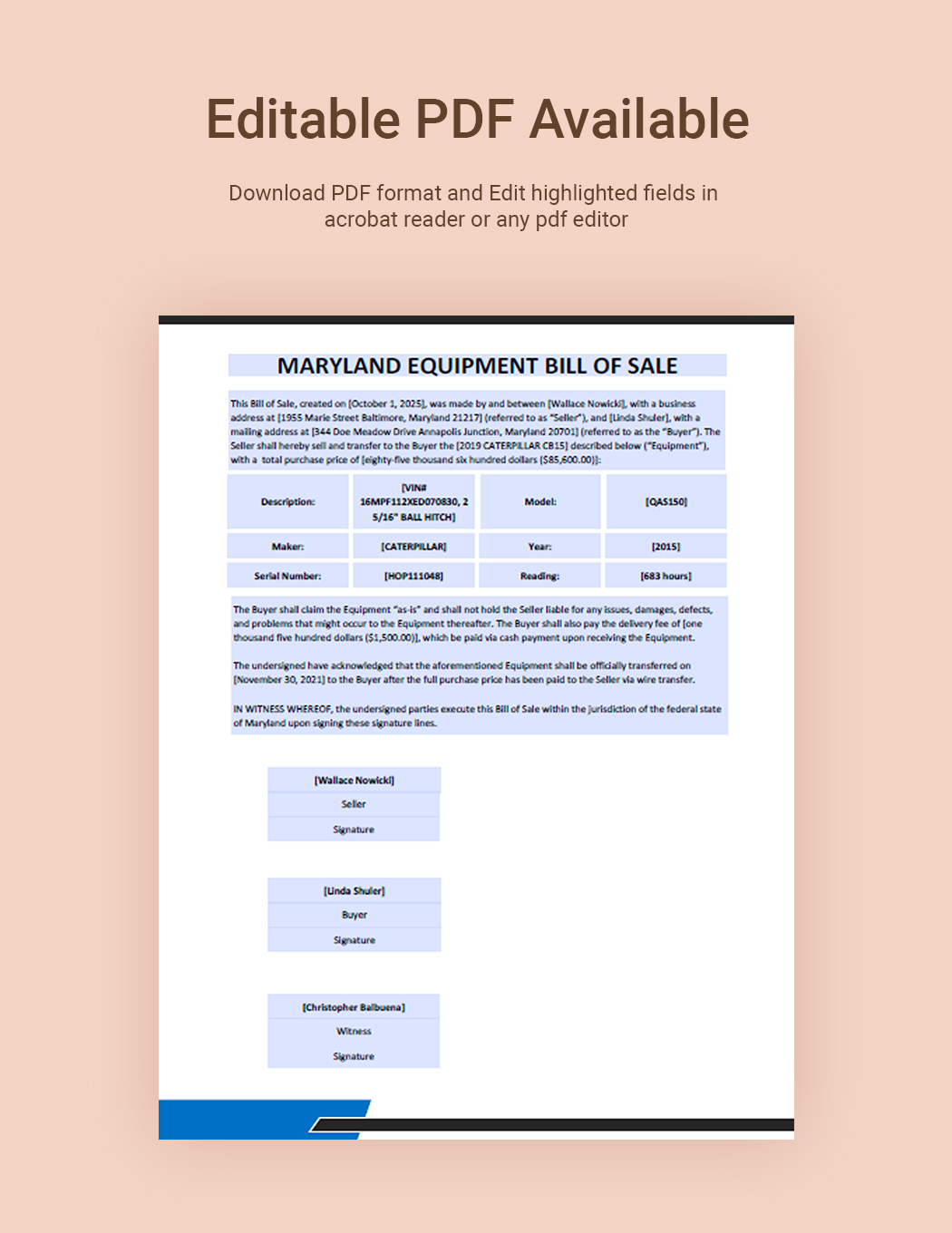 Maryland Equipment Bill of Sale Template