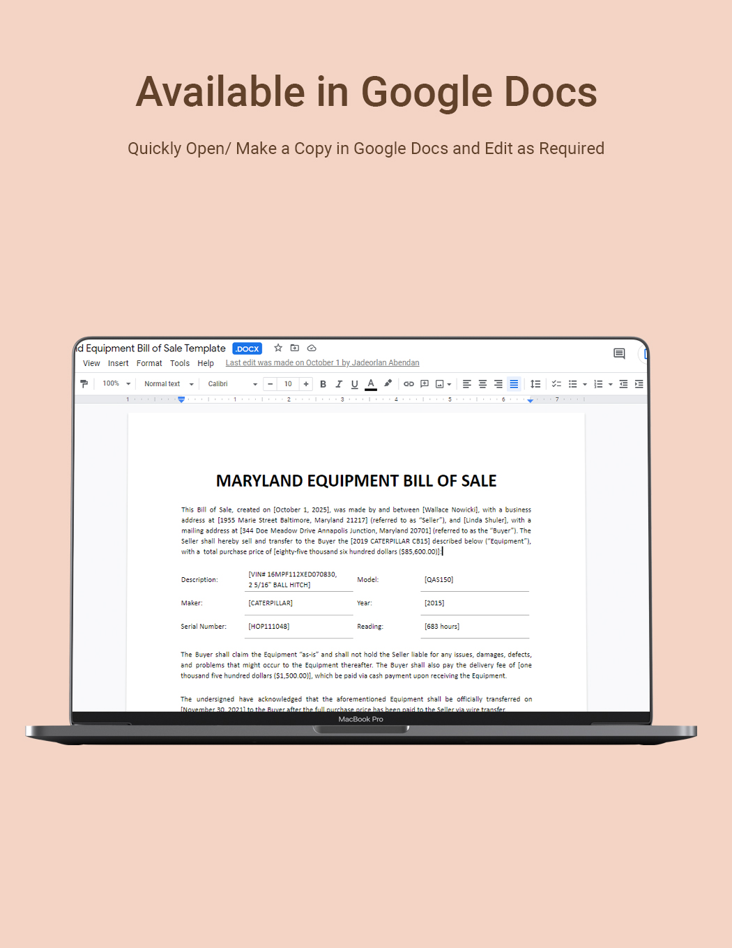 Maryland Equipment Bill of Sale Template