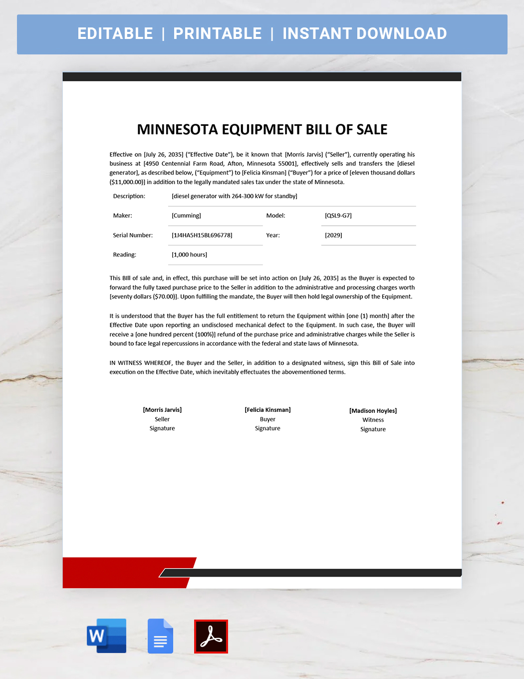 Minnesota Trailer Bill of Sale Template - Google Docs, Word, PDF ...