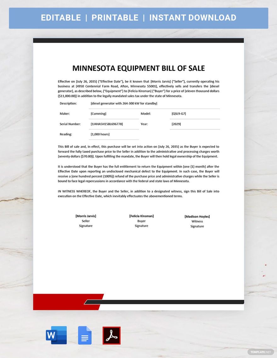 Minnesota Equipment Bill of Sale Template