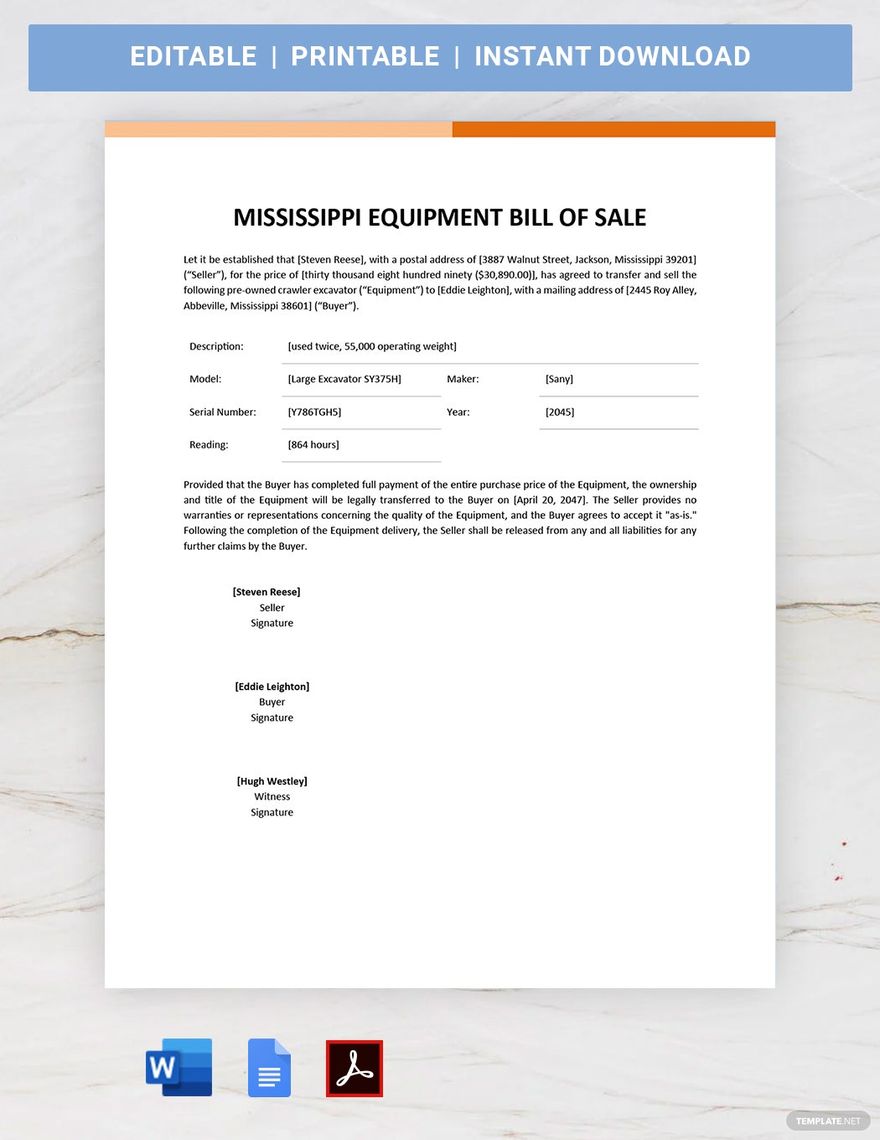 Mississippi Equipment Bill of Sale Template