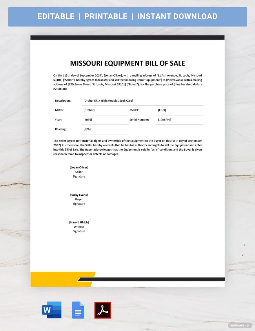 Missouri Equipment Bill of Sale Template