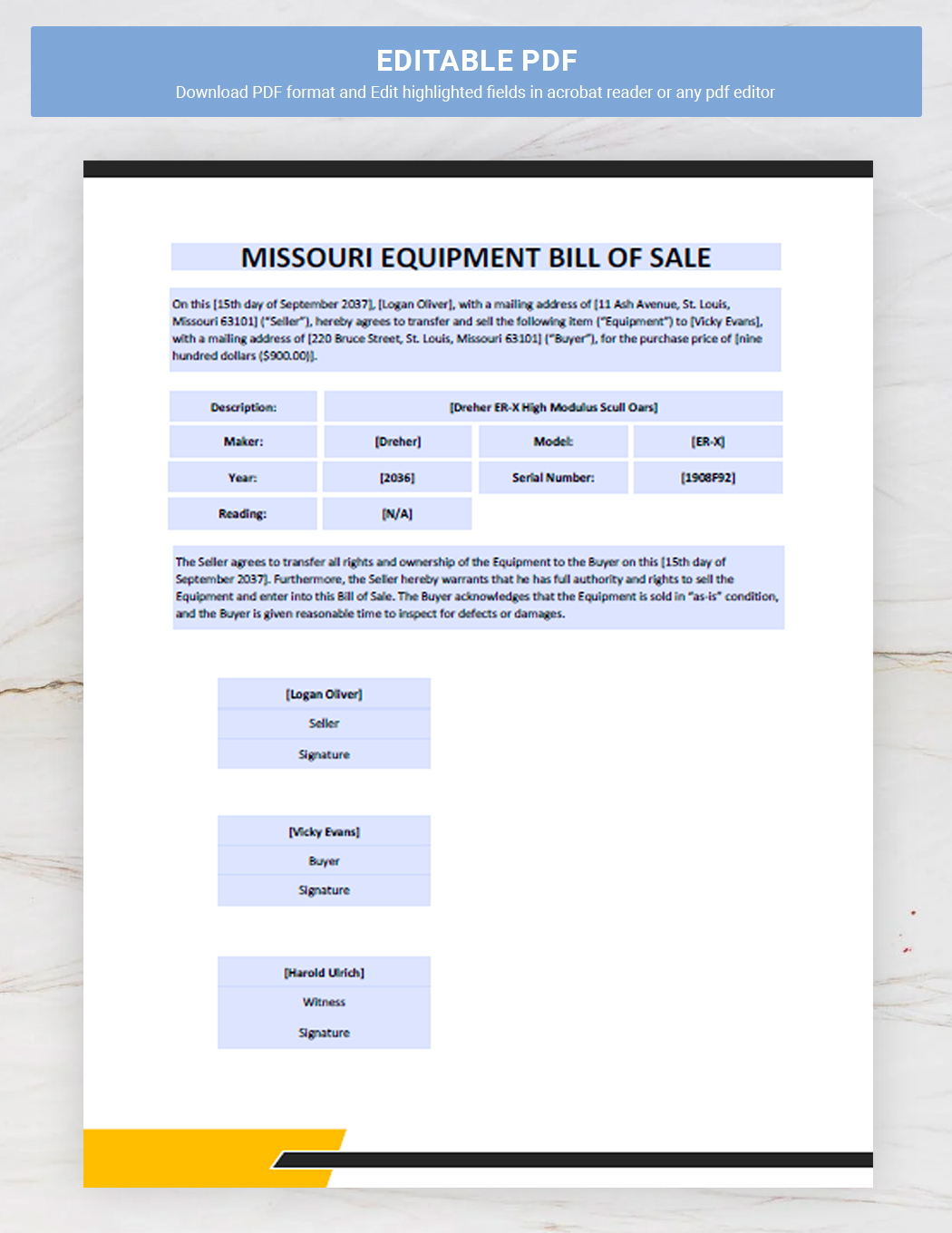 Missouri Equipment Bill of Sale Template