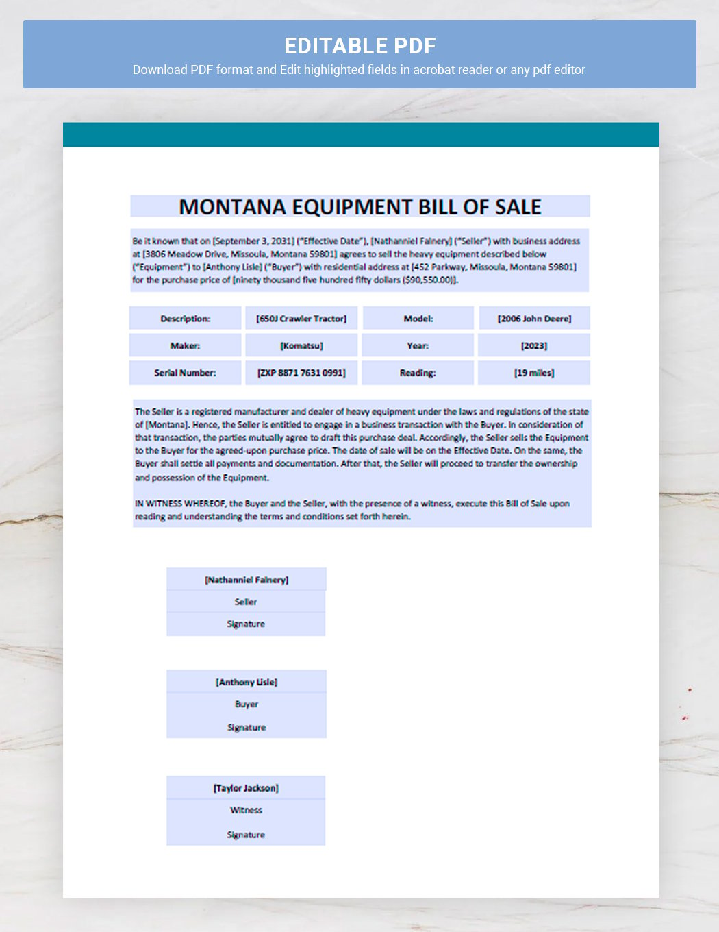 Montana Equipment Bill of Sale Template