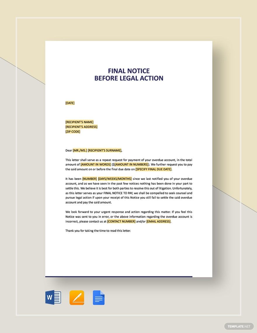 Final Notice Before Legal Action Template in Word, Pages, Google Docs - Download | Template.net