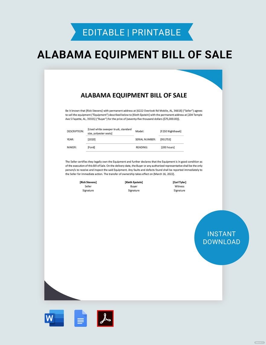 Alabama Equipment Bill of Sale Template
