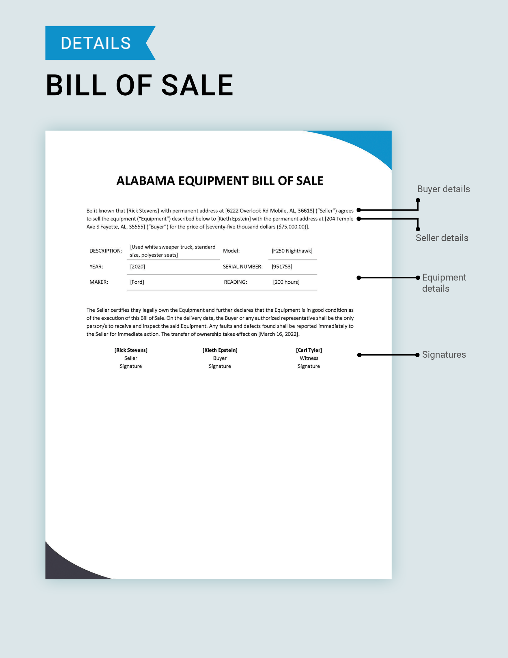Alabama Equipment Bill of Sale Template