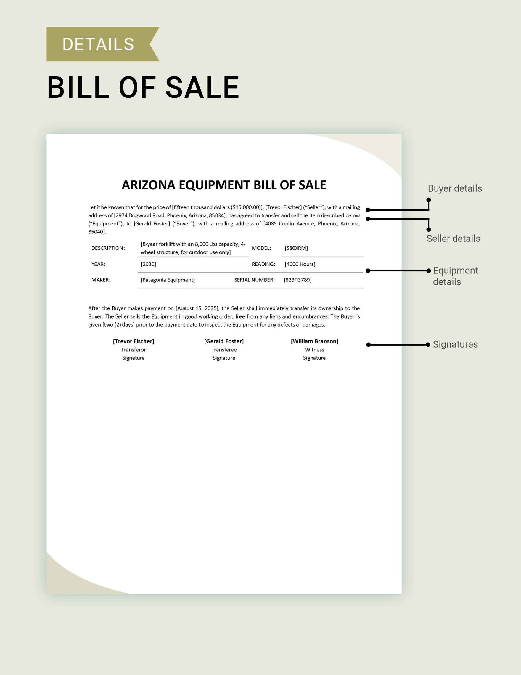 Arizona Equipment Bill of Sale Template