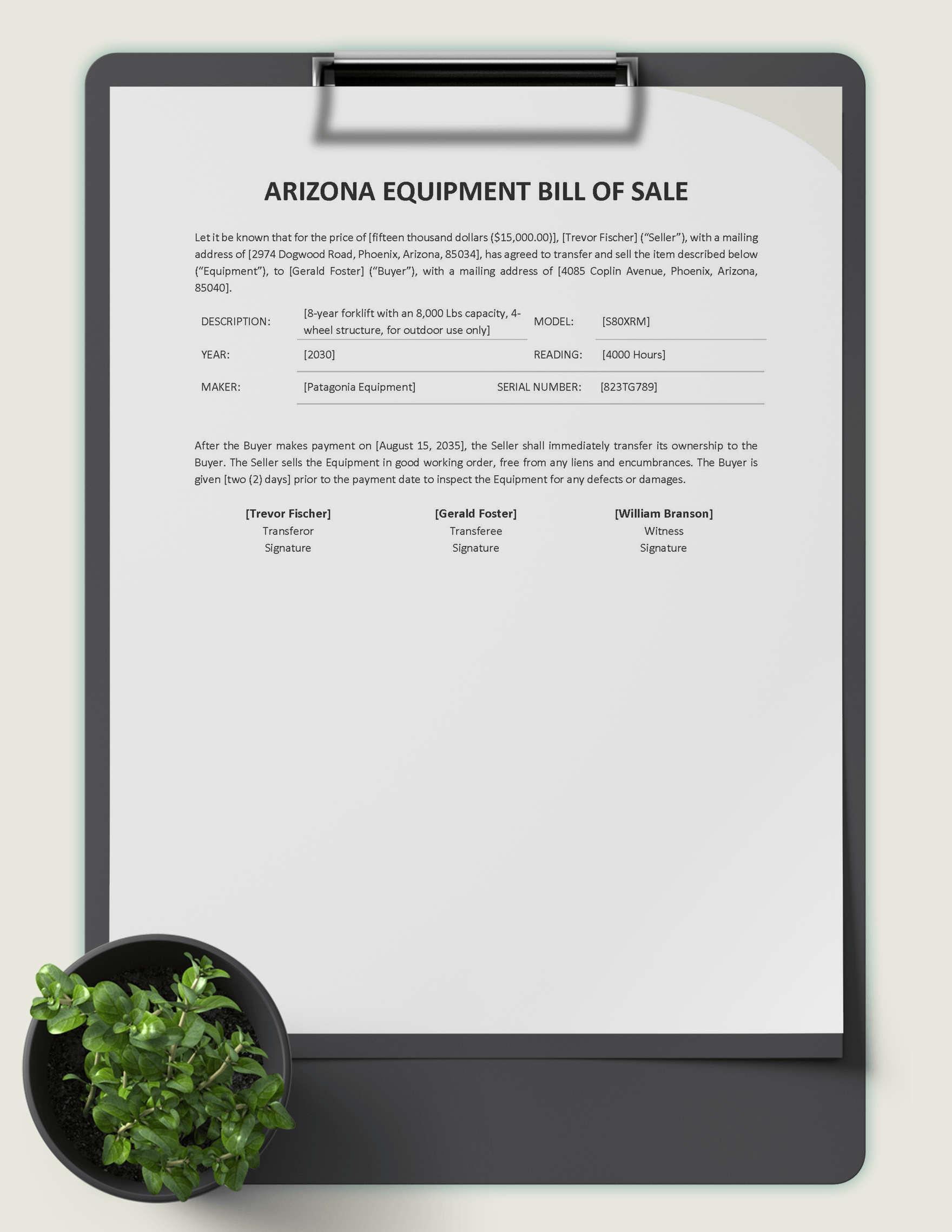 Arizona Equipment Bill of Sale Template