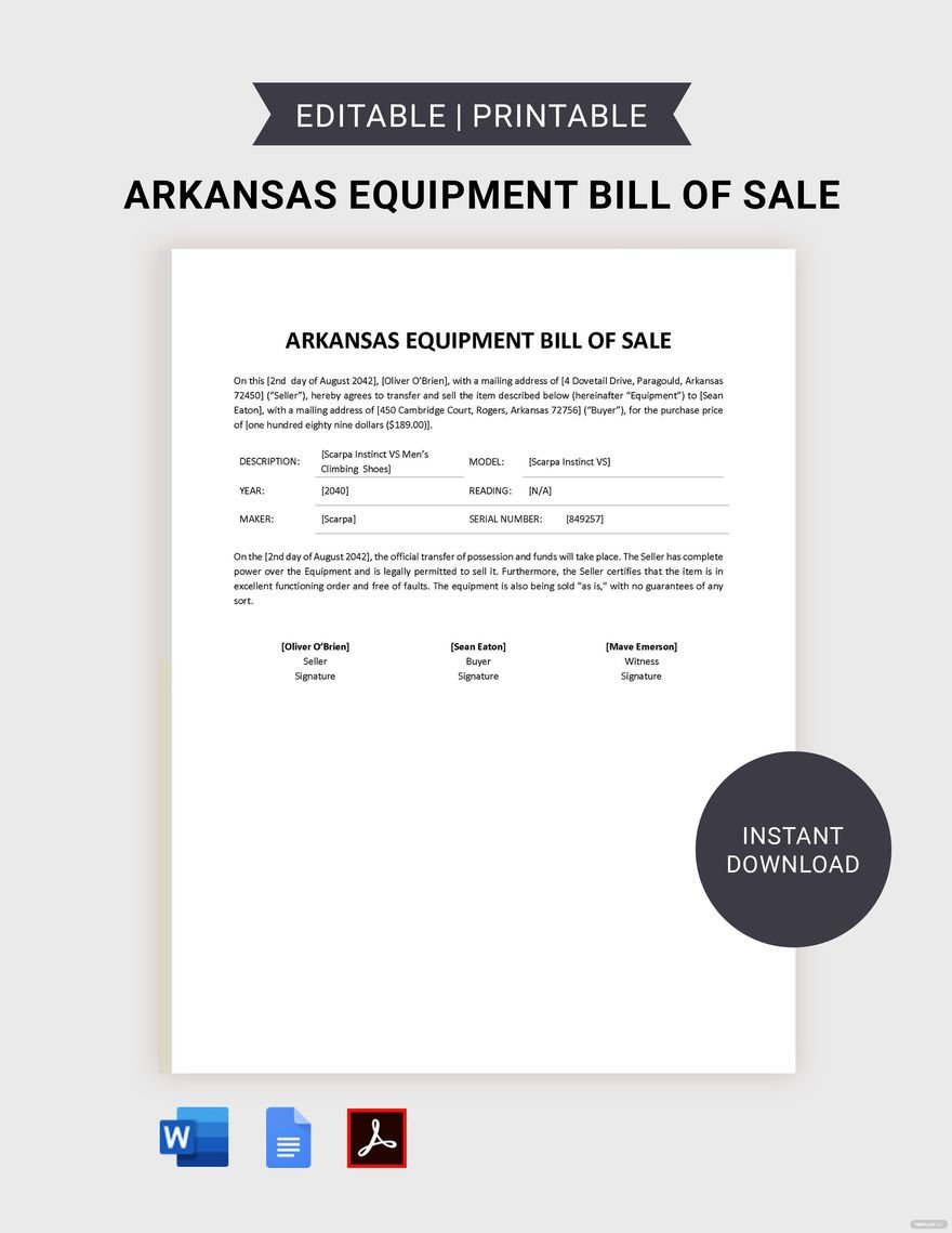 Arkansas Equipment Bill of Sale Template