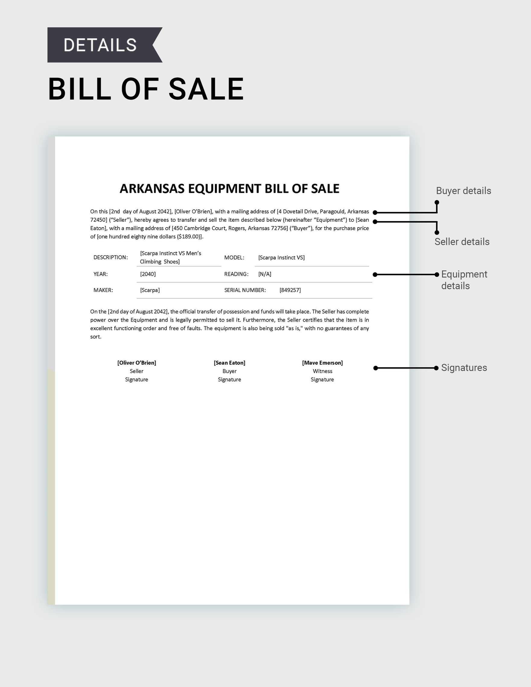 Arkansas Equipment Bill of Sale Template