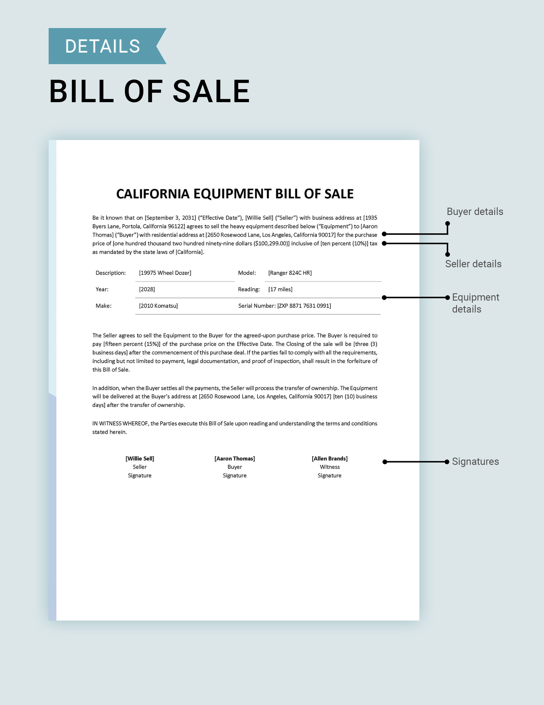 California Equipment Bill of Sale Template