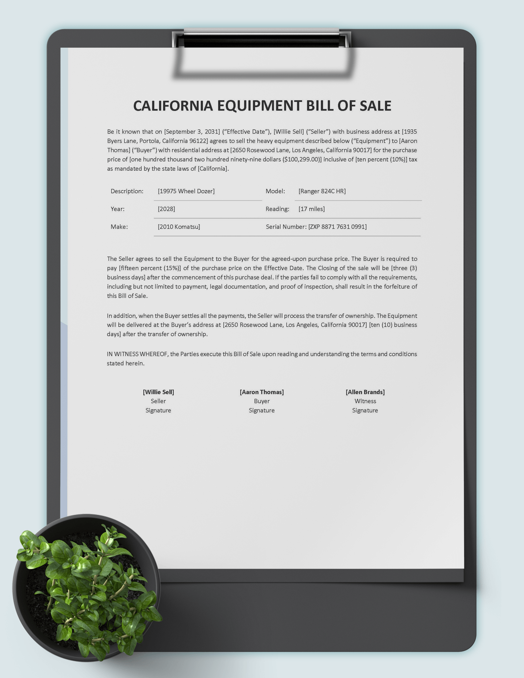 California Equipment Bill of Sale Template