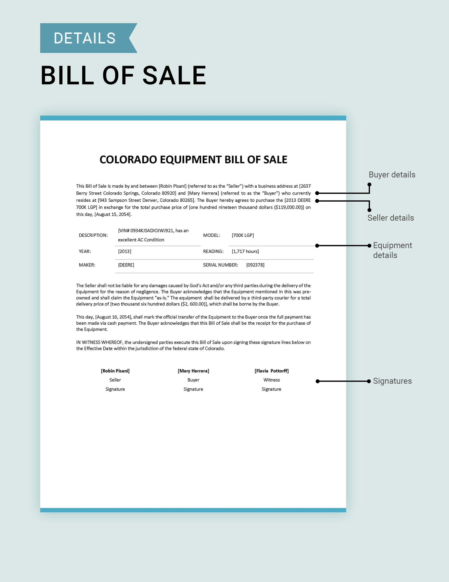 Colorado Equipment Bill of Sale Form Template