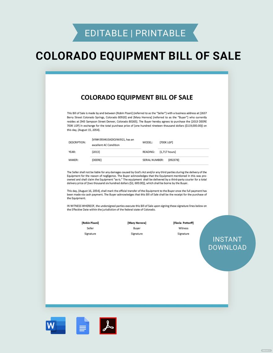 Free Colorado Equipment Bill of Sale Form Template in Word, Google Docs, PDF