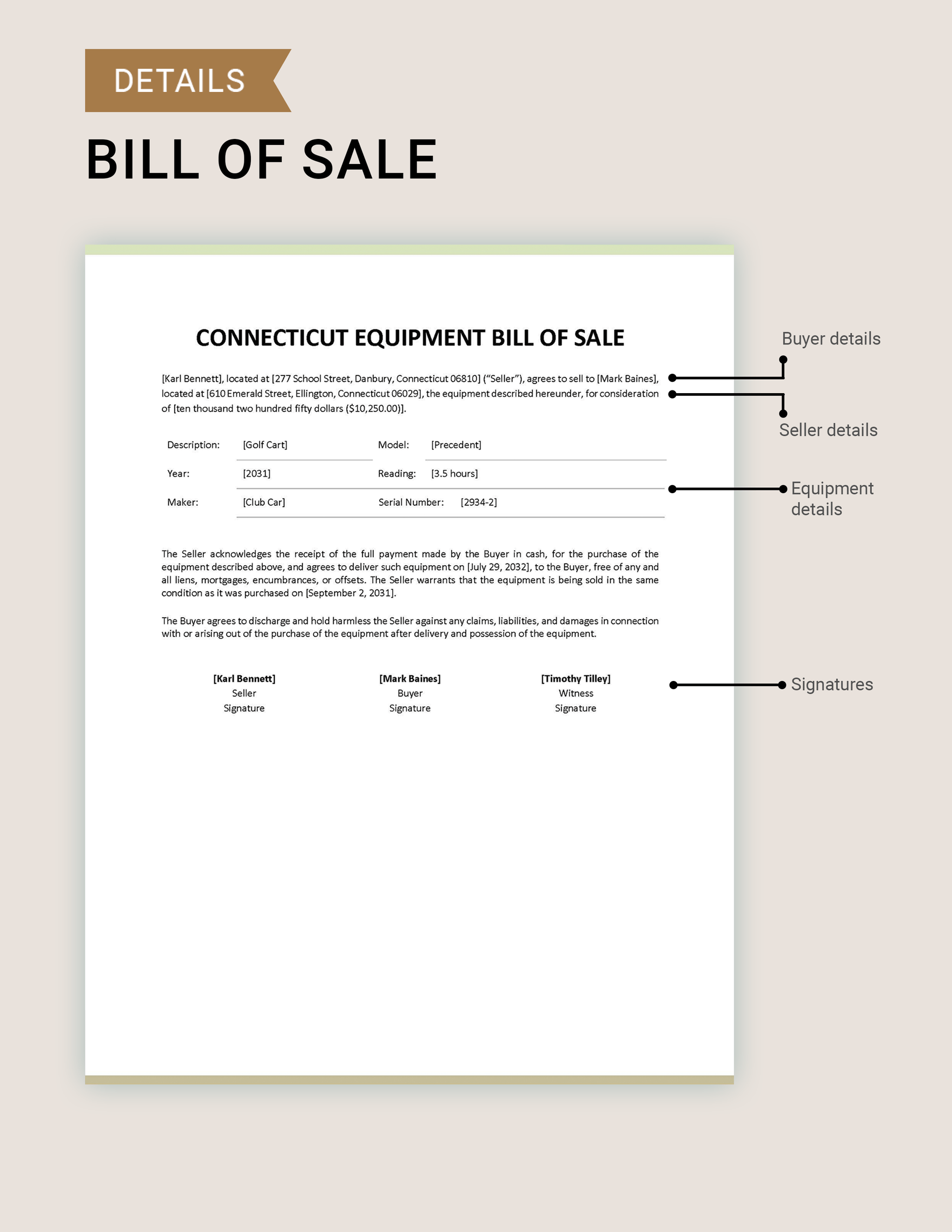 Connecticut Equipment Bill of Sale Template