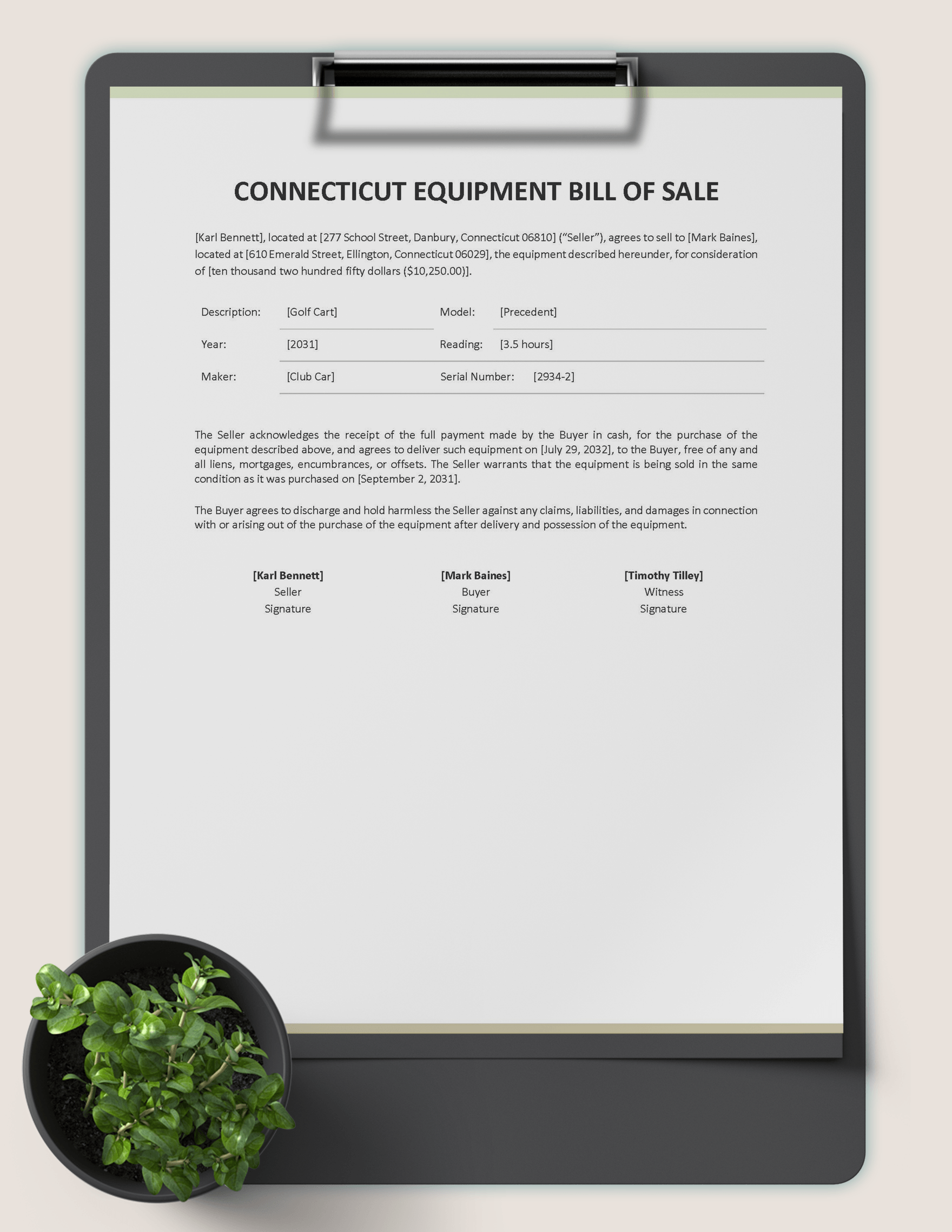 Connecticut Equipment Bill of Sale Template