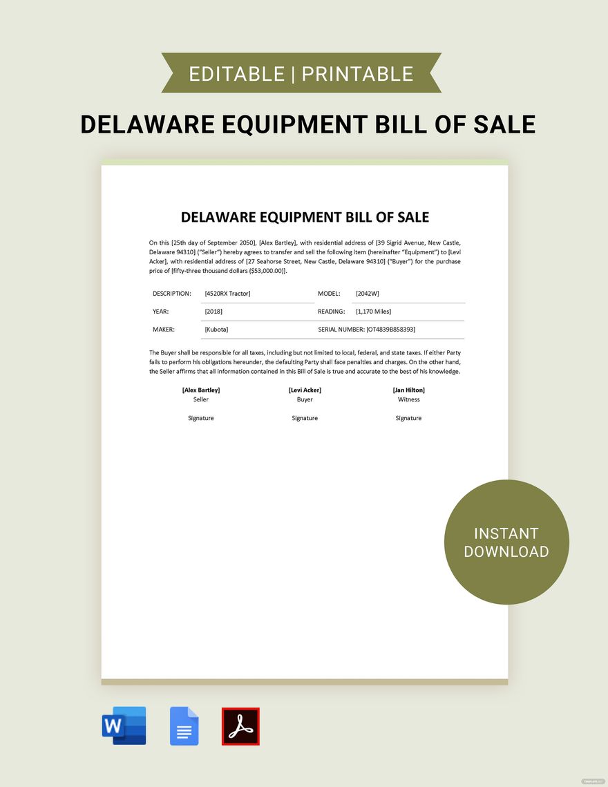 Delaware Equipment Bill of Sale Template