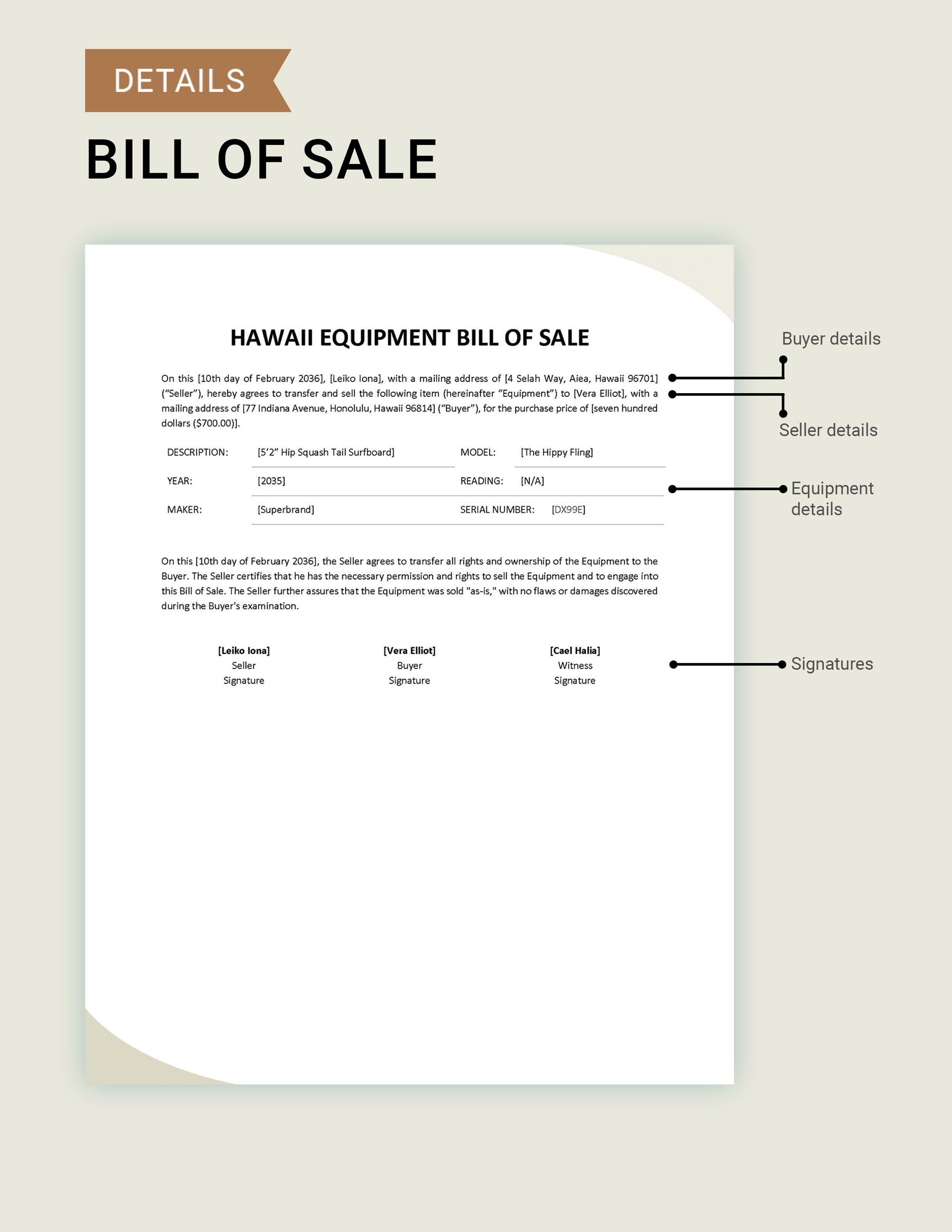 Hawaii Equipment Bill of Sale Template