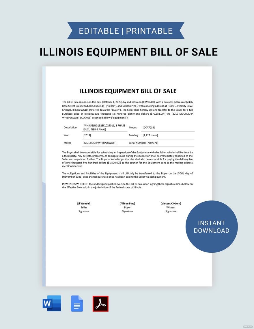 Illinois Equipment Bill of Sale Template