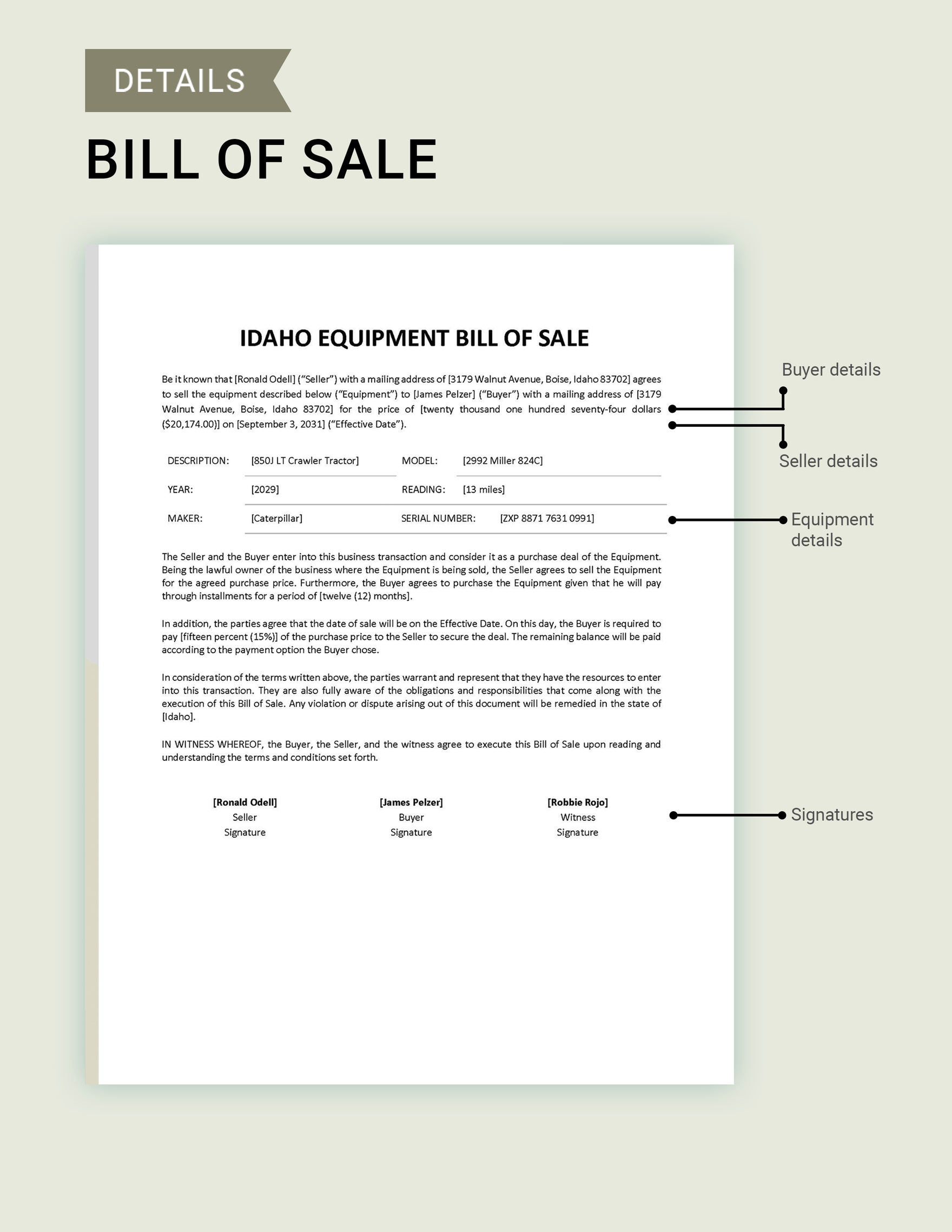 Idaho Equipment Bill of Sale Template