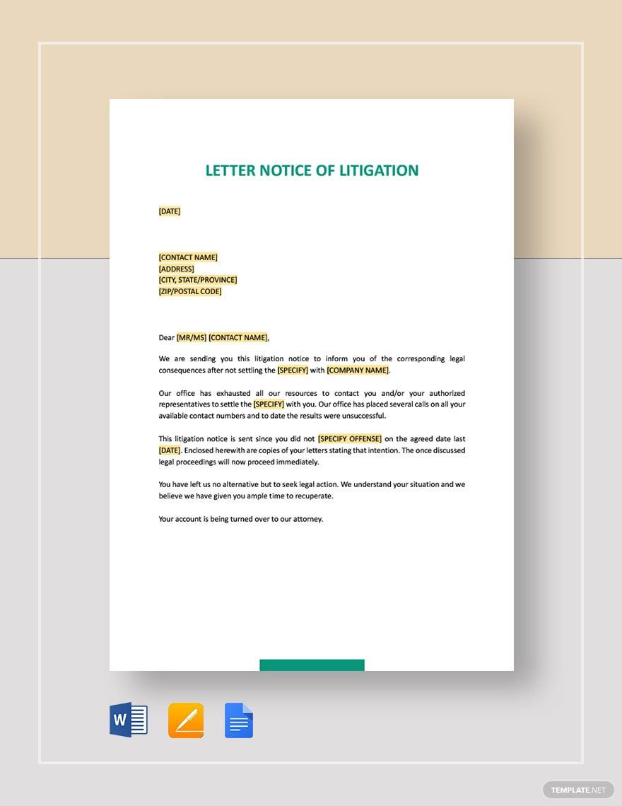 Free Letter Notice of Litigation Template