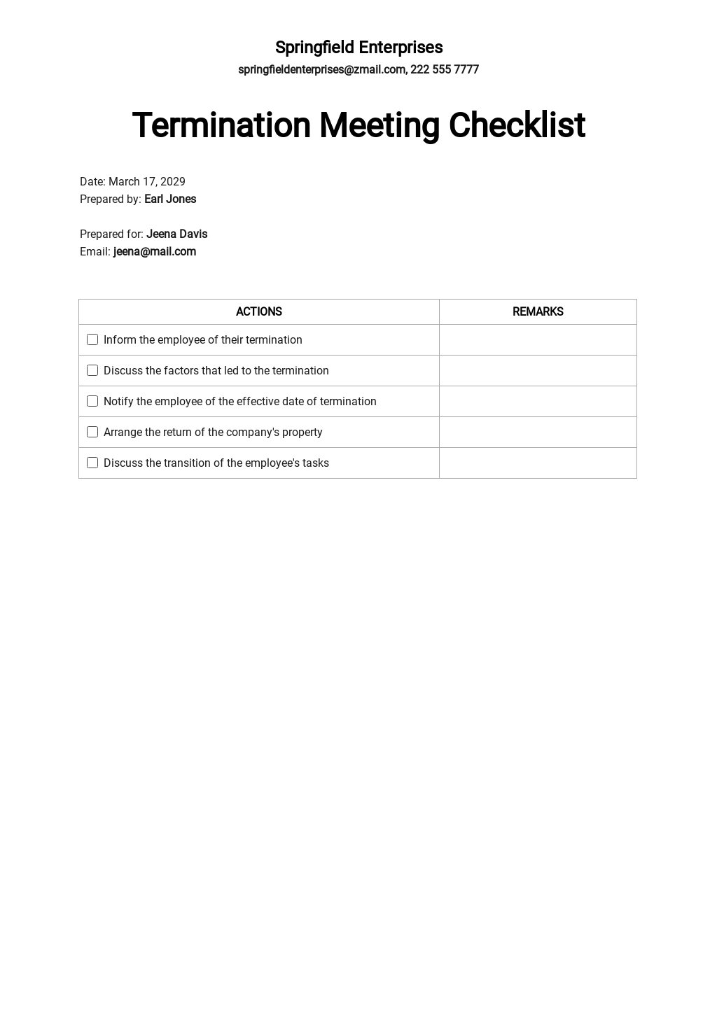 Termination Meeting Checklist Template [Free PDF] Word (DOC) Apple