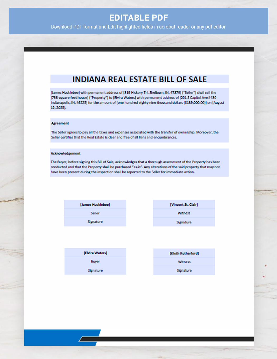 Indiana Real Estate Bill of Sale Template