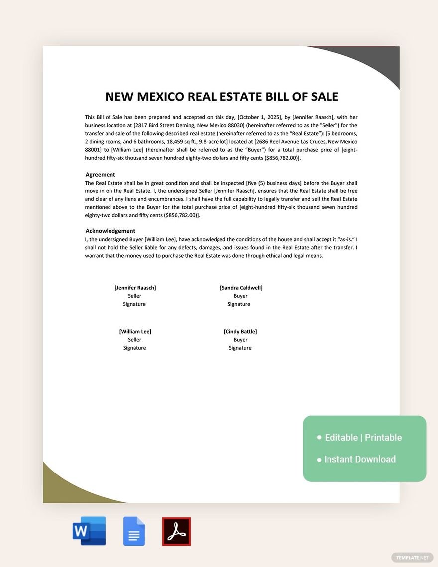 New Mexico Real Estate Bill Of Sale Template in Word, Google Docs, PDF
