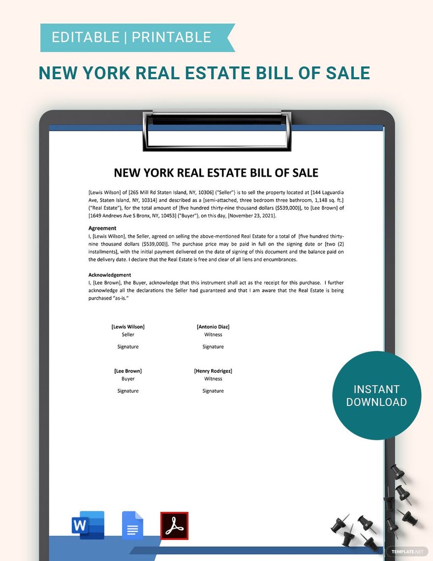 New York Real Estate Bill Of Sale Template in Word, Google Docs, PDF