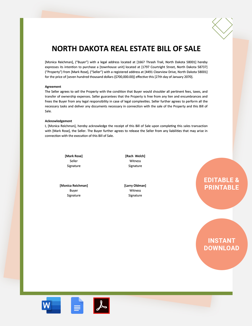 North Dakota Real Estate Bill Of Sale Template