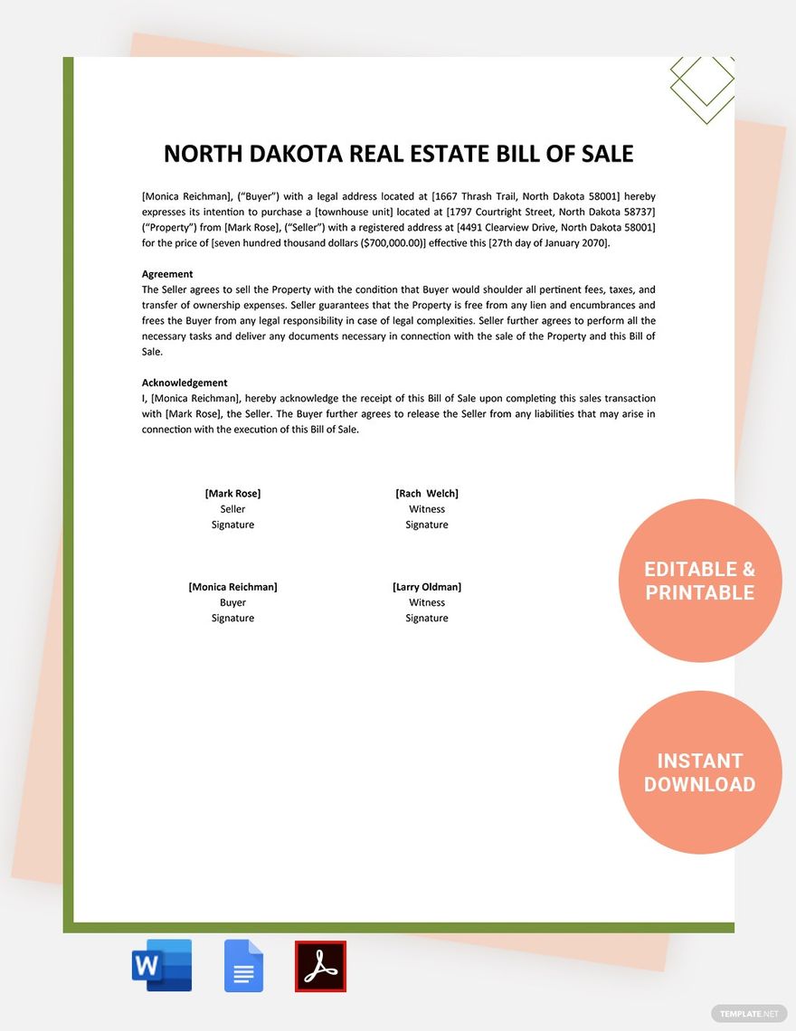 North Dakota Real Estate Bill Of Sale Form Template