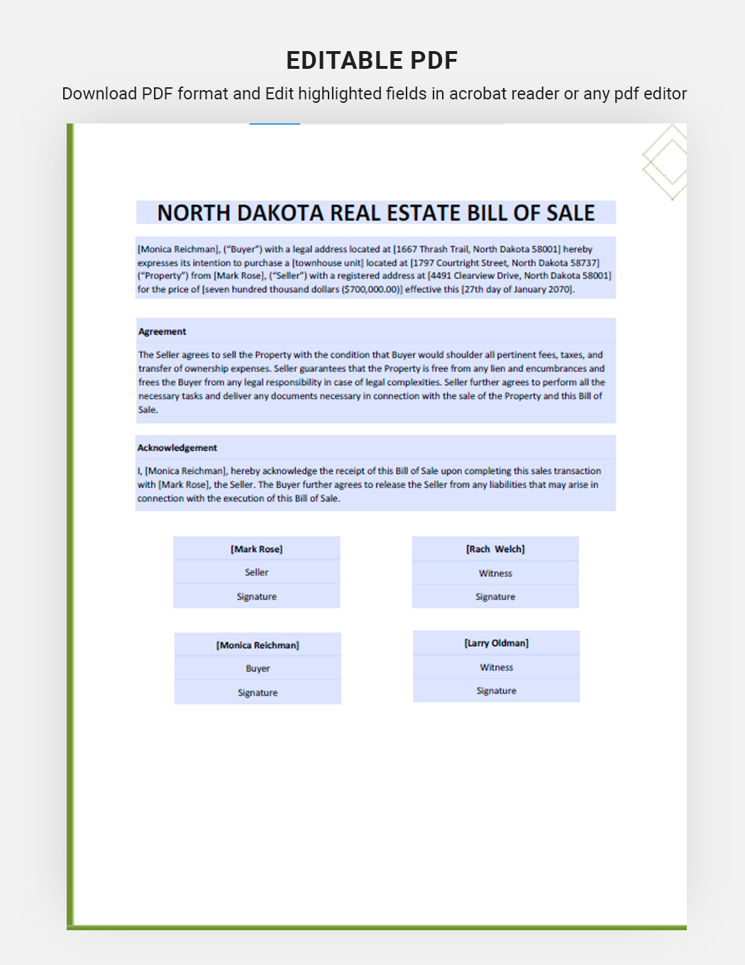 North Dakota Real Estate Bill Of Sale Form Template