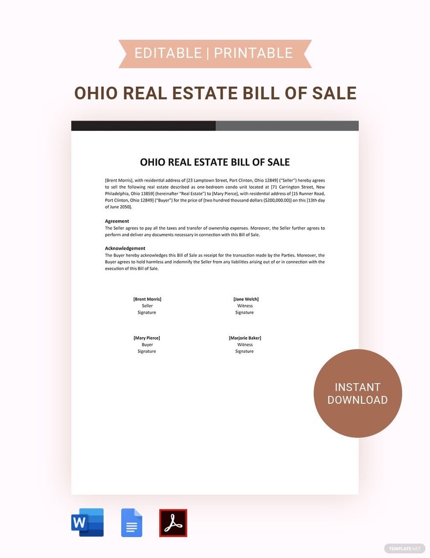 Ohio Real Estate Bill Of Sale Template in Word, Google Docs, PDF