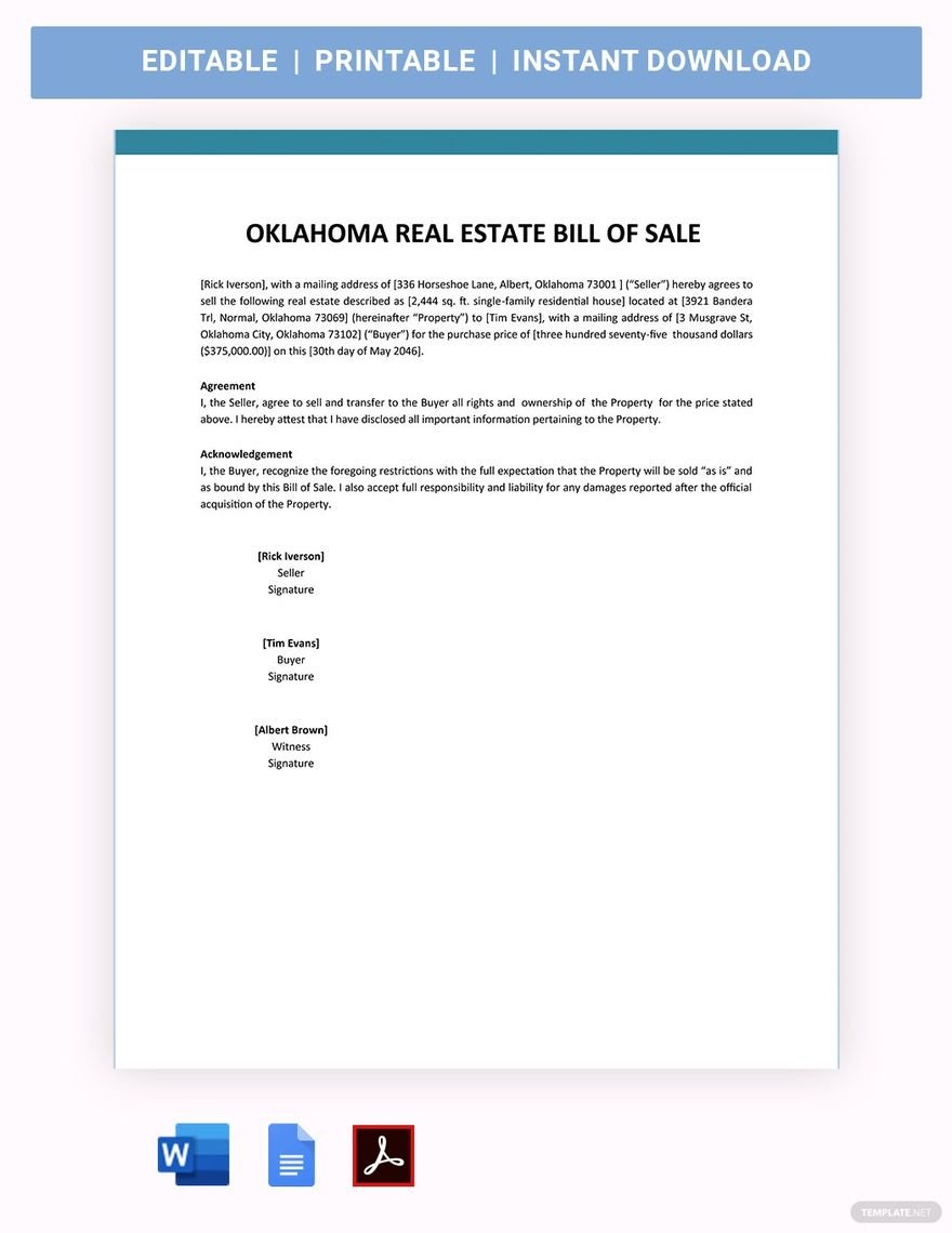 Oklahoma Real Estate Bill Of Sale Template