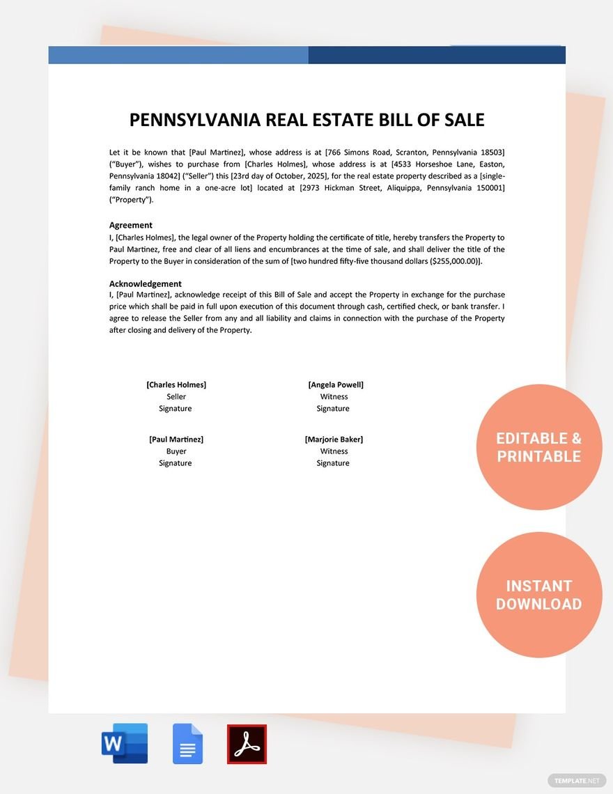 Pennsylvania Real Estate Bill Of Sale Template in Word, Google Docs, PDF