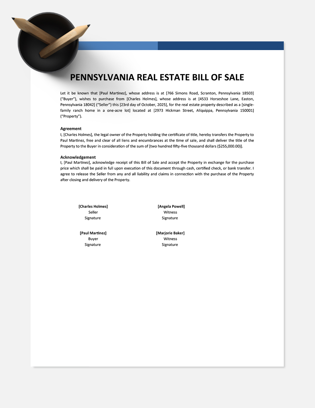 Pennsylvania Real Estate Bill Of Sale Template