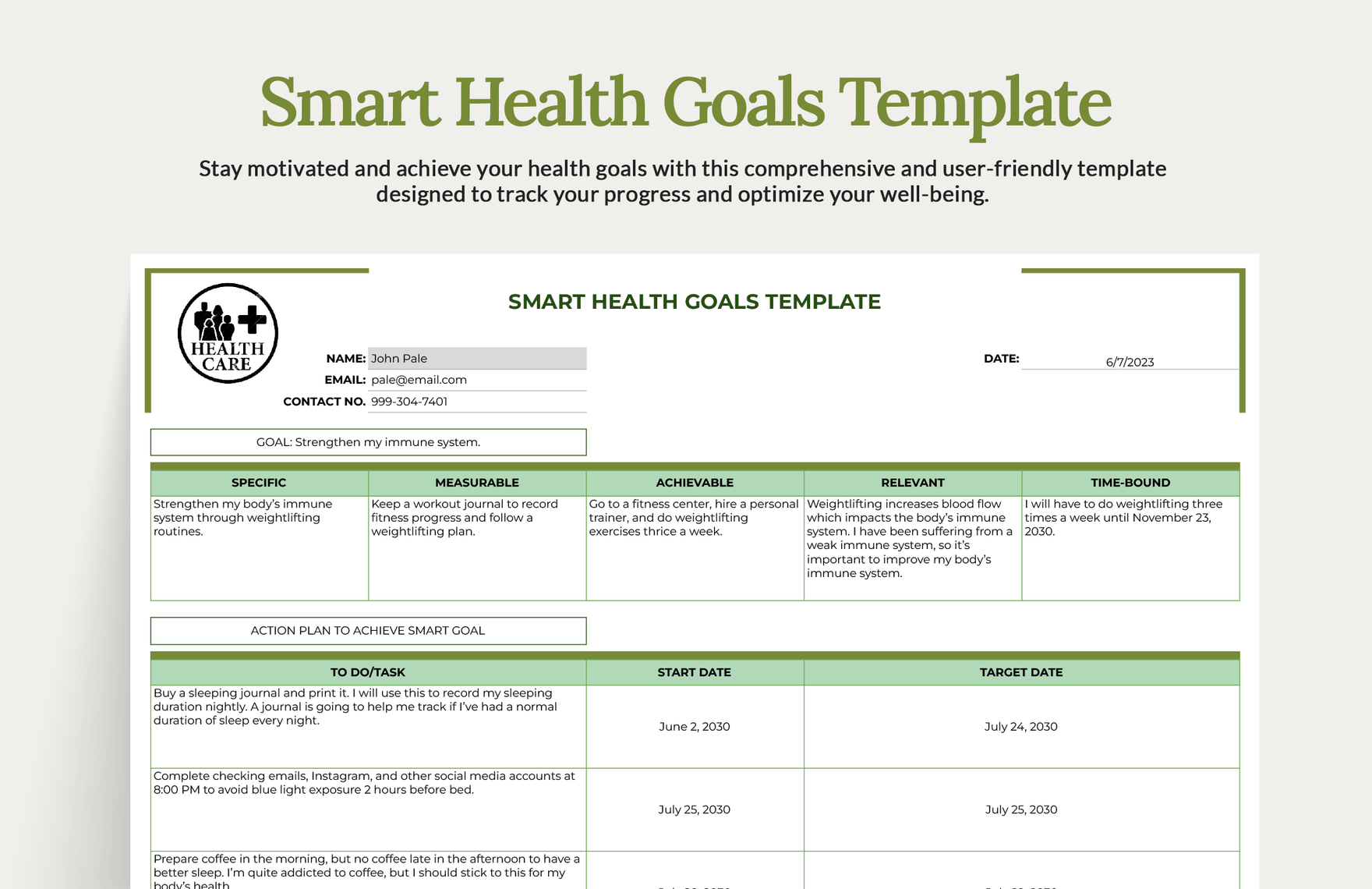 Smart Health Goals Template