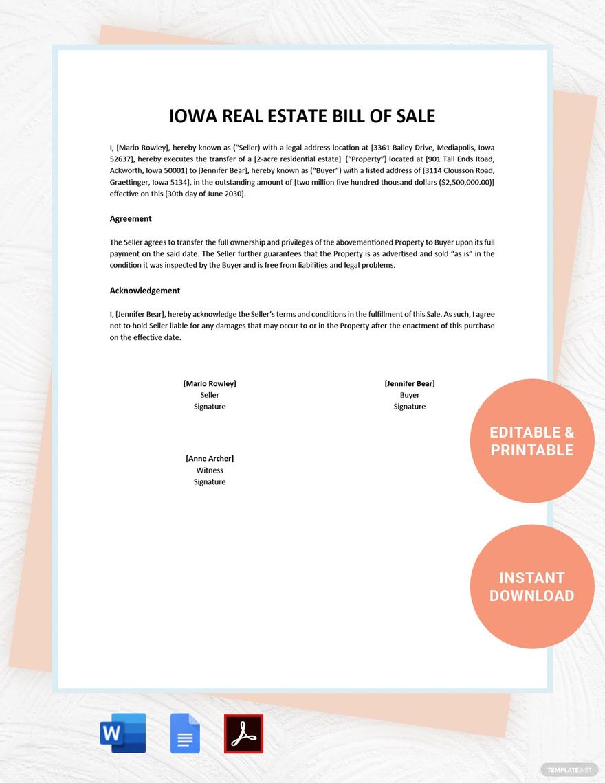 Iowa Real Estate Bill of Sale Template