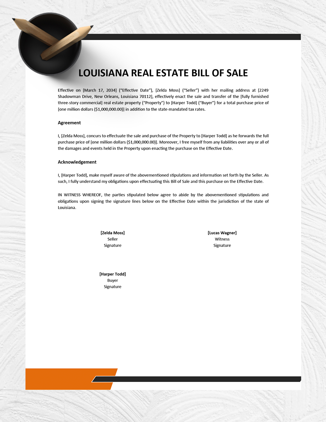 Louisiana Real Estate Bill of Sale Form Template Download in Word