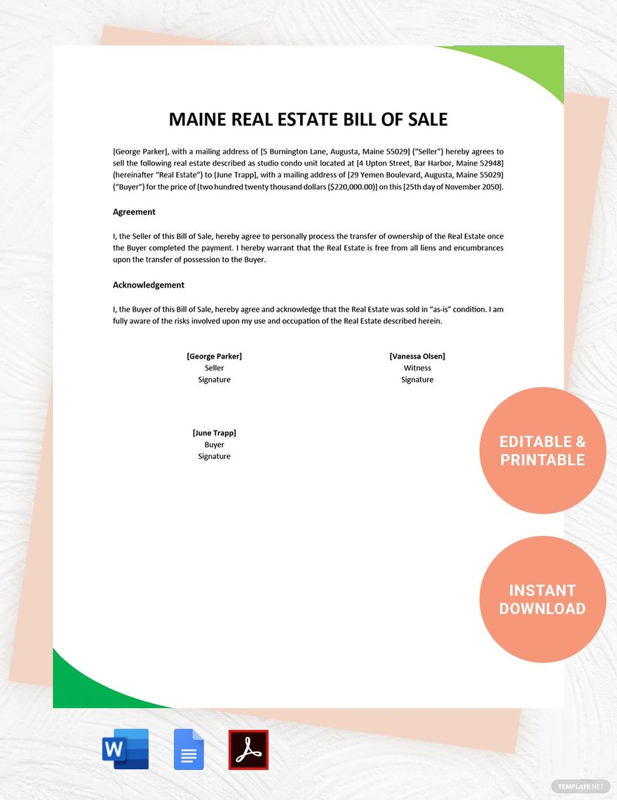 Maine Real Estate Bill of Sale Template in Word, Google Docs, PDF