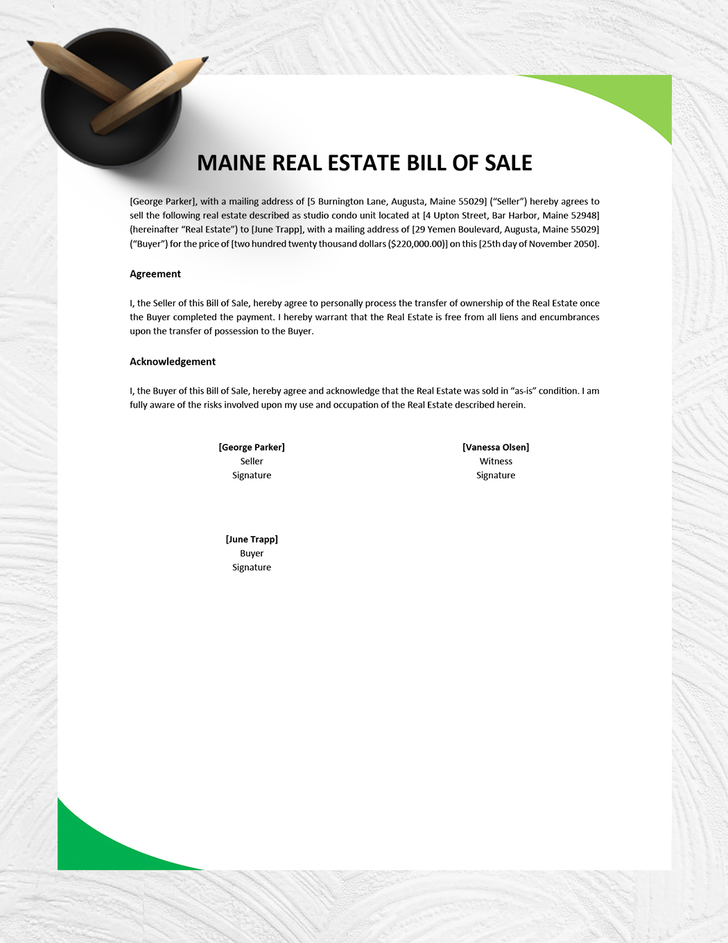 Maine Real Estate Bill of Sale Template