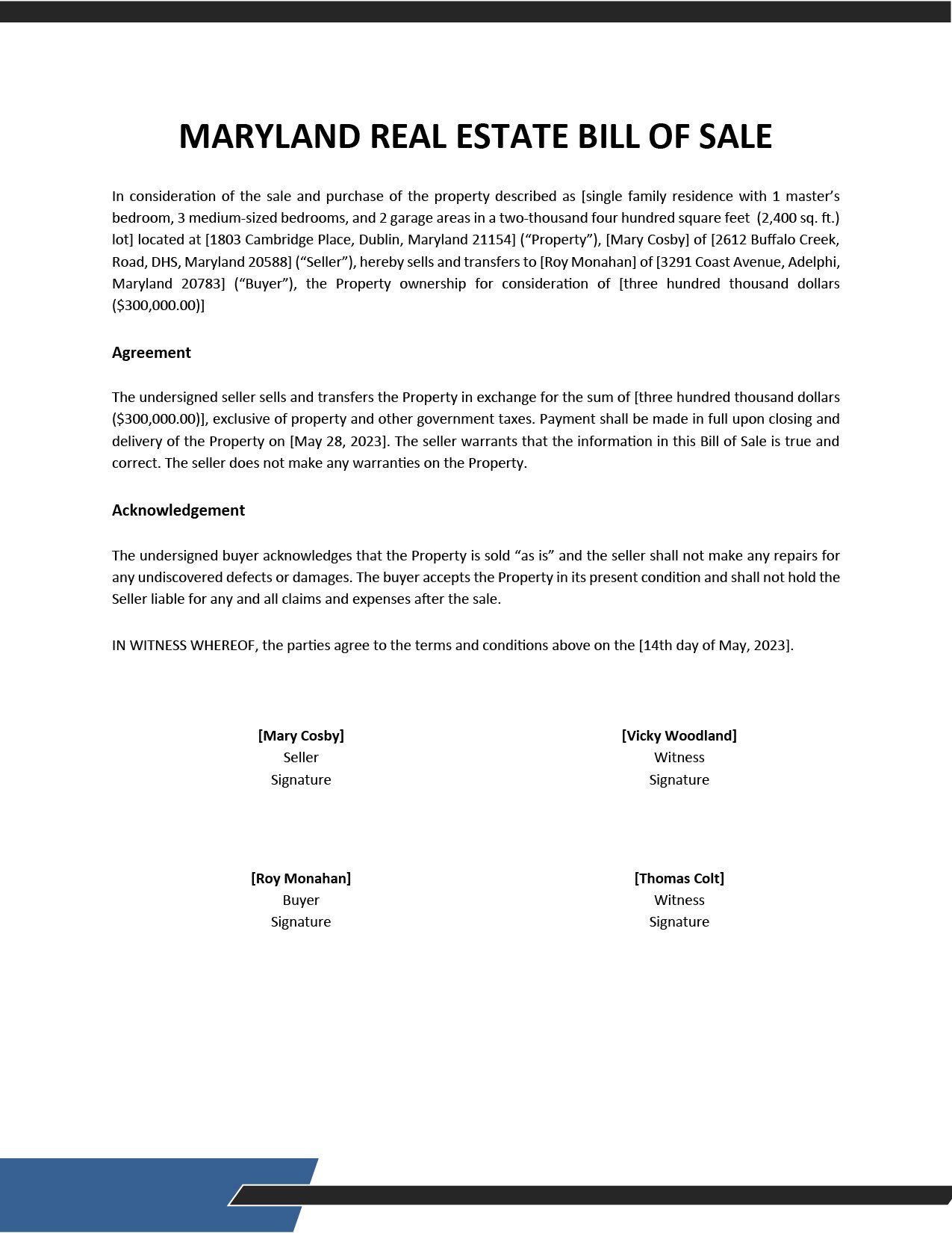 maryland notarized bill of sale sample