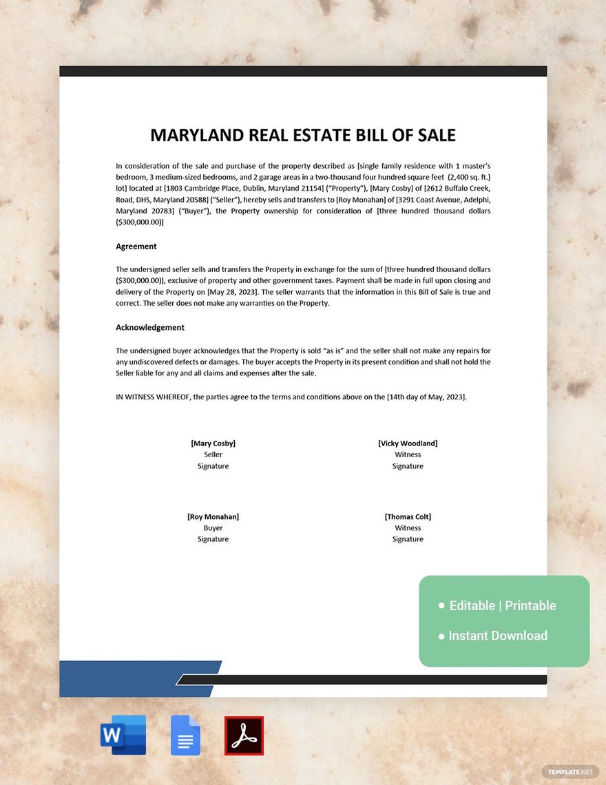 Maryland Real Estate Bill of Sale Template in Word, Google Docs, PDF