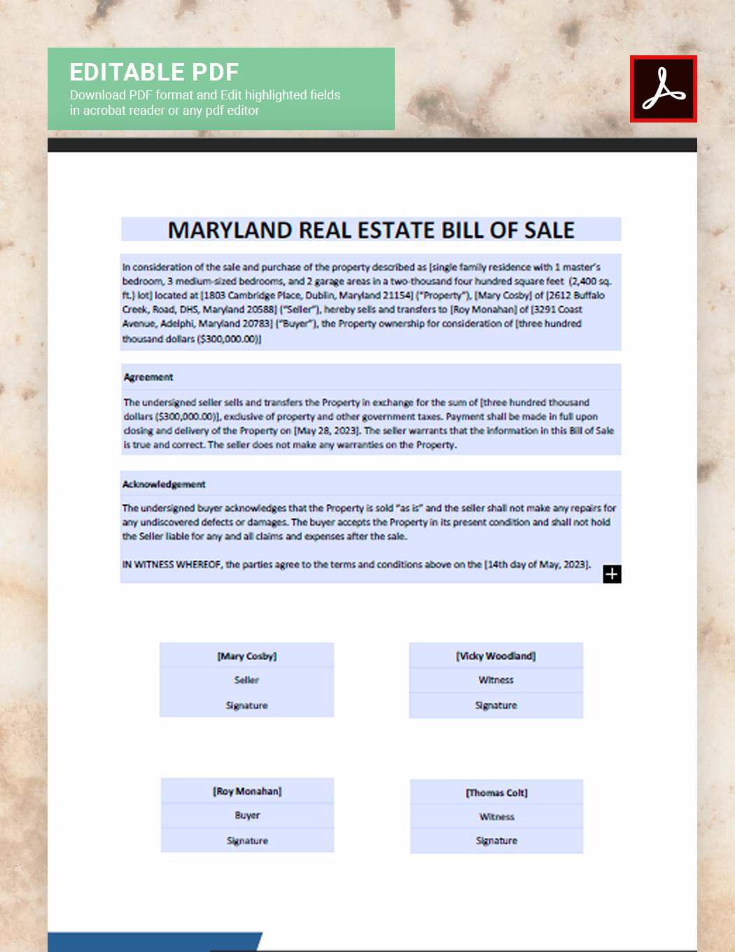 Maryland Real Estate Bill of Sale Template