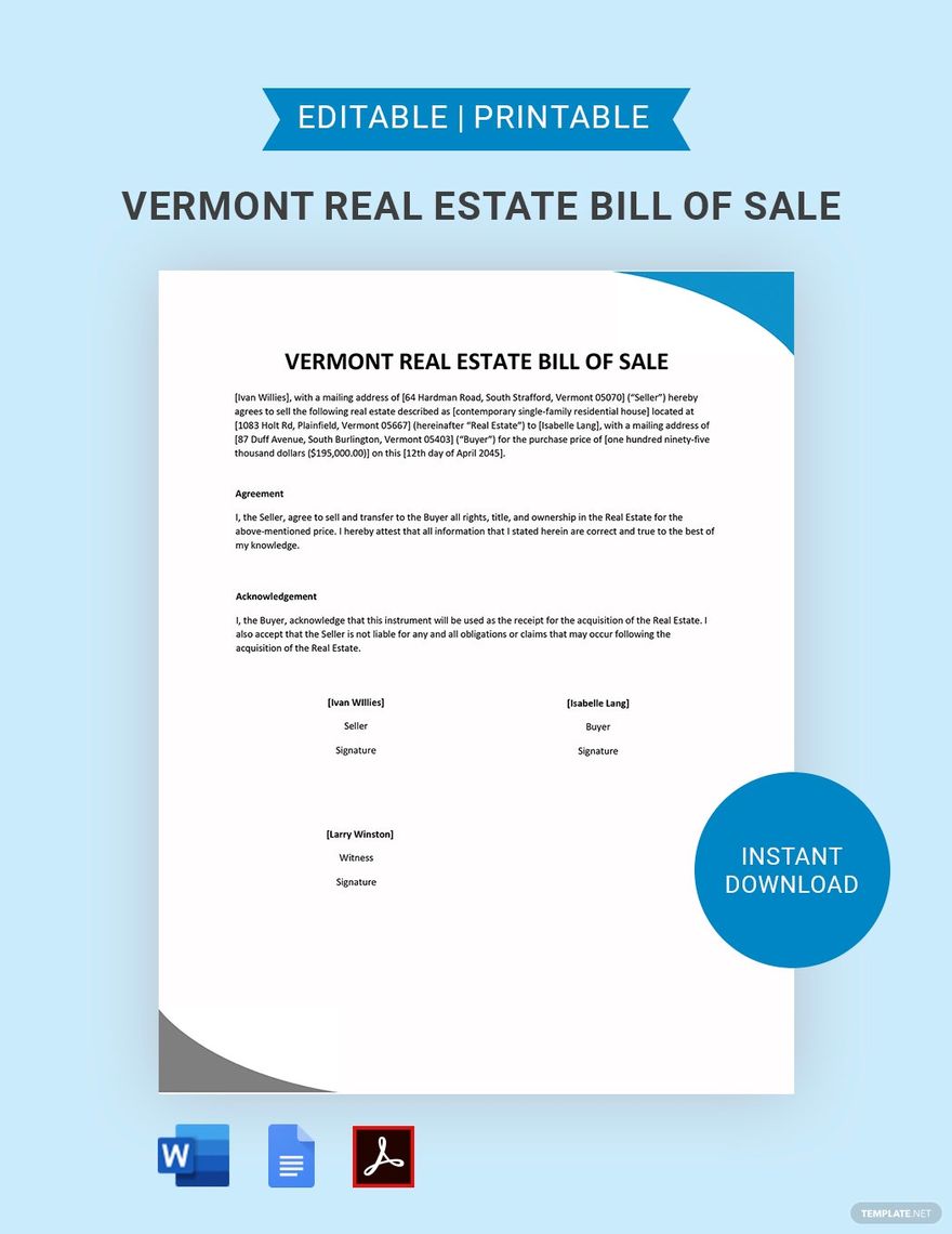 Vermont Real Estate Bill of Sale Form Template