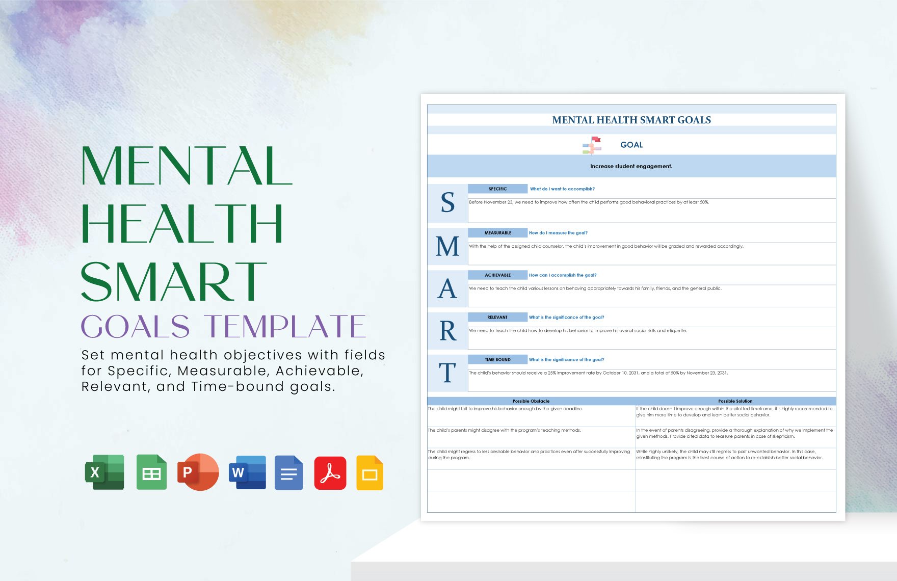 Mental Health Smart Goals Template in Word, Google Docs, Excel, PDF, Google Sheets, PowerPoint, Google Slides