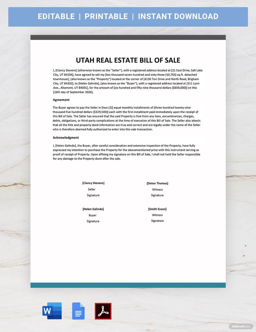 Utah Real Estate Bill of Sale Template in Word, Google Docs, PDF